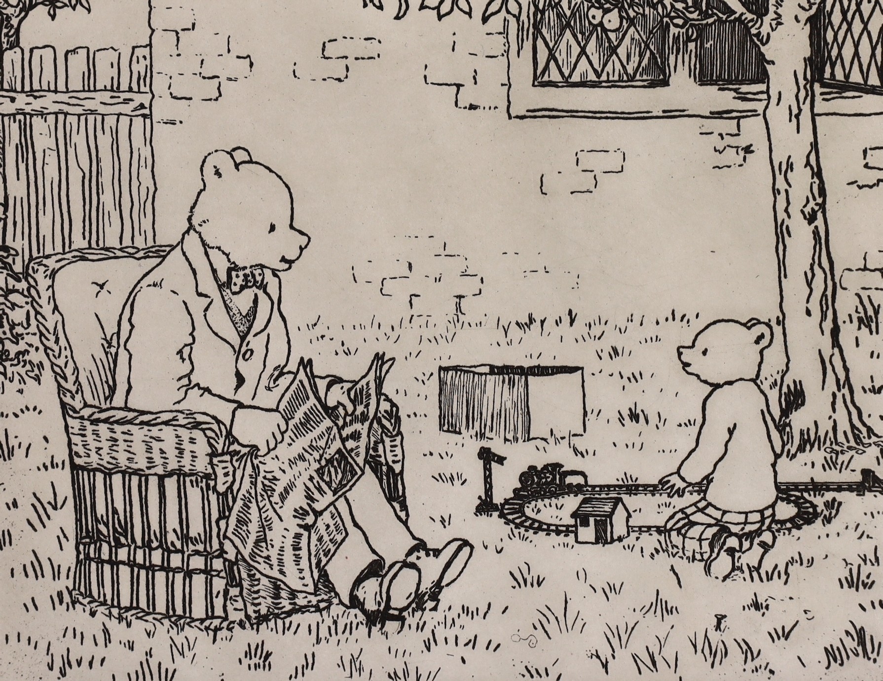 After Alfred Bestall (1892-1986) - Rupert and Father Bear with a model railway, engraving, plate 10.24 x 16cms., sheet 36 x 28.35cms.